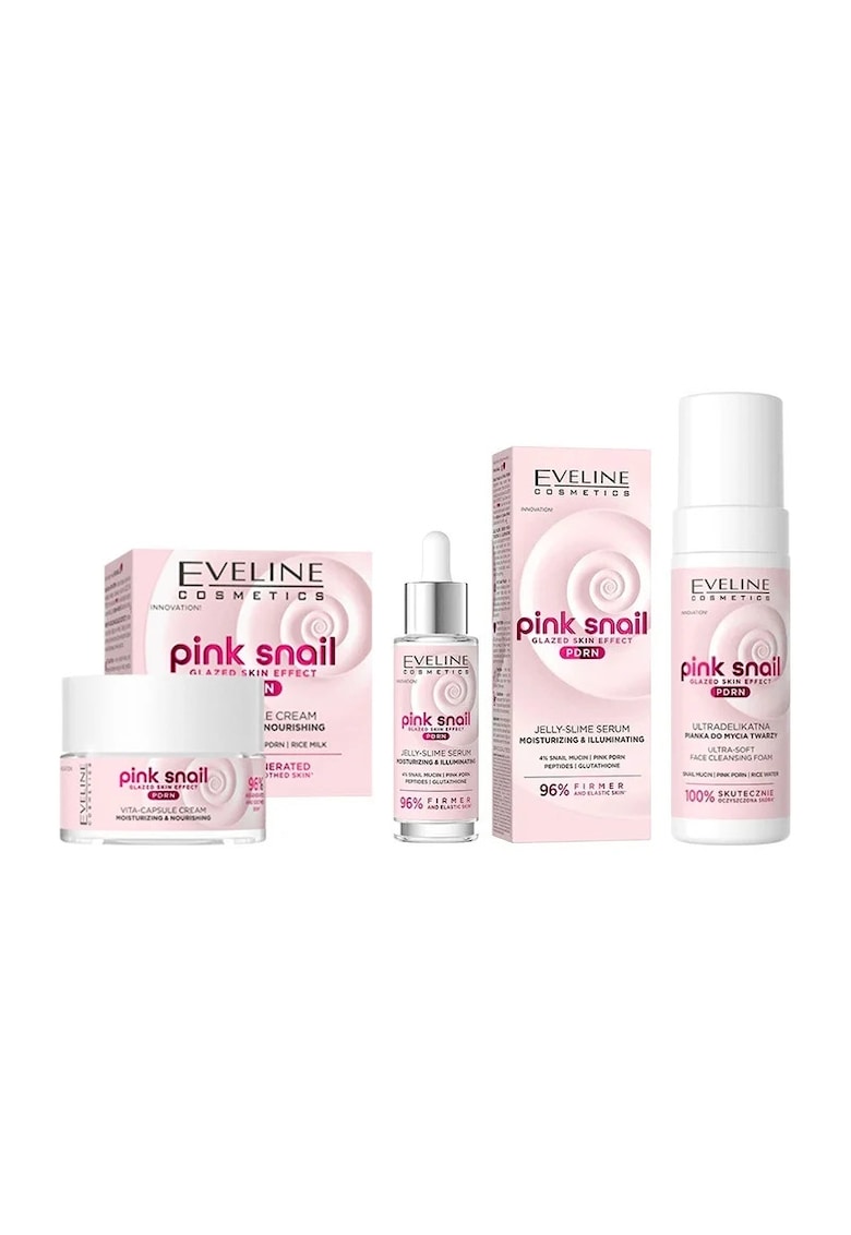 Set Ingrijire Ten Eveline Pink Snail PDRN - Crema Jelly 50 ml - Ser Jelly 30 ml - Spuma Curatare 150 ml - Multicolor