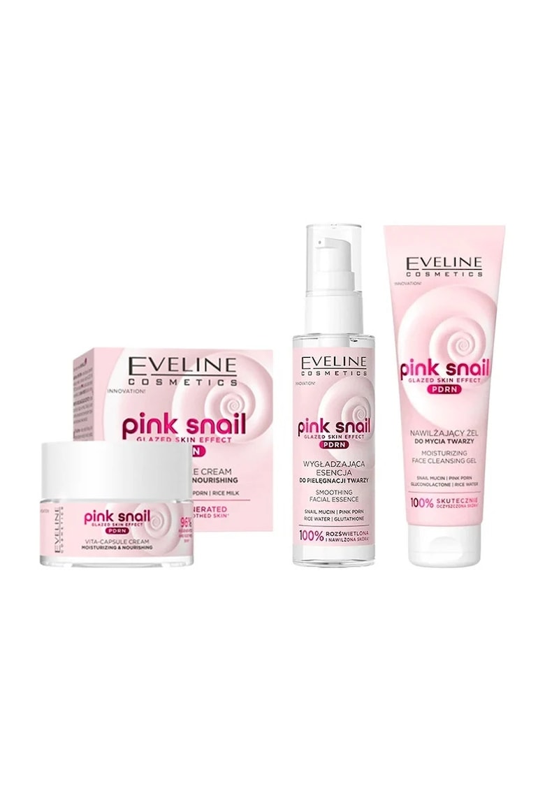 Set Ingrijire Ten Eveline Pink Snail PDRN - Crema Hidratanta 50ml - Esenta Faciala 100ml - Gel Curatare 150ml - Multicolor