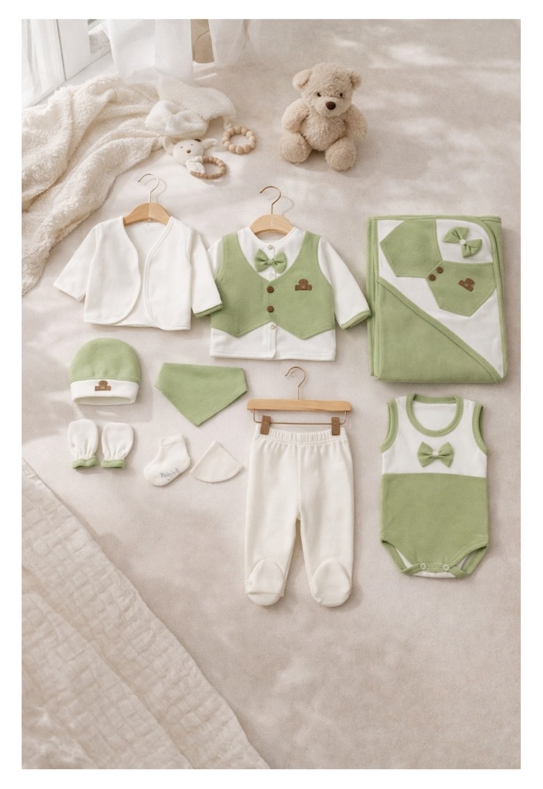 Set bebe 10 piese bumbac organic - alb-verde - 0-3 luni -