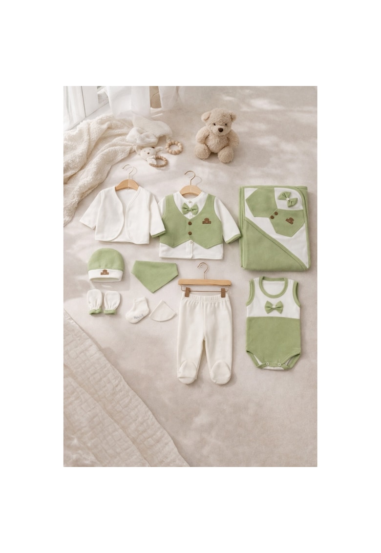 Set bebe 10 piese bumbac organic - alb-verde - 0-3 luni -
