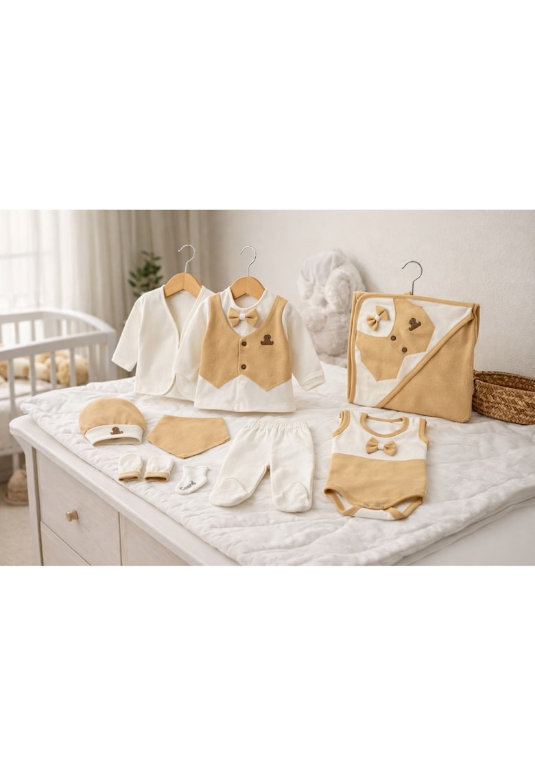 Set bebe 10 piese crem - bumbac organic - 0-3 luni