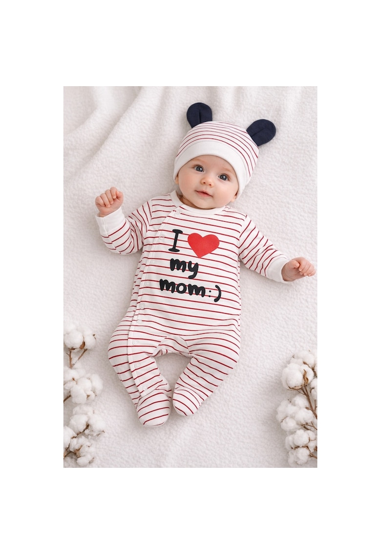 Salopeta bebe i love my mom dungi rosii 2 piese salopeta si caciulita