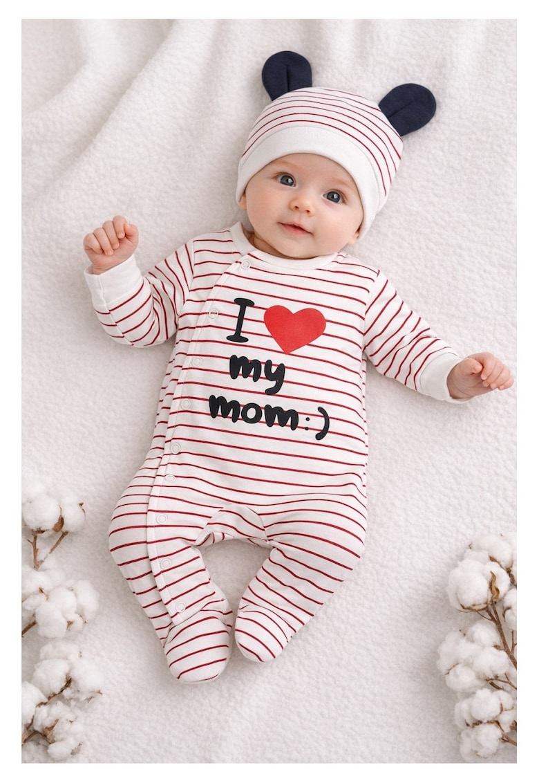 Salopeta bebe i love my mom dungi rosii 2 piese salopeta si caciulita