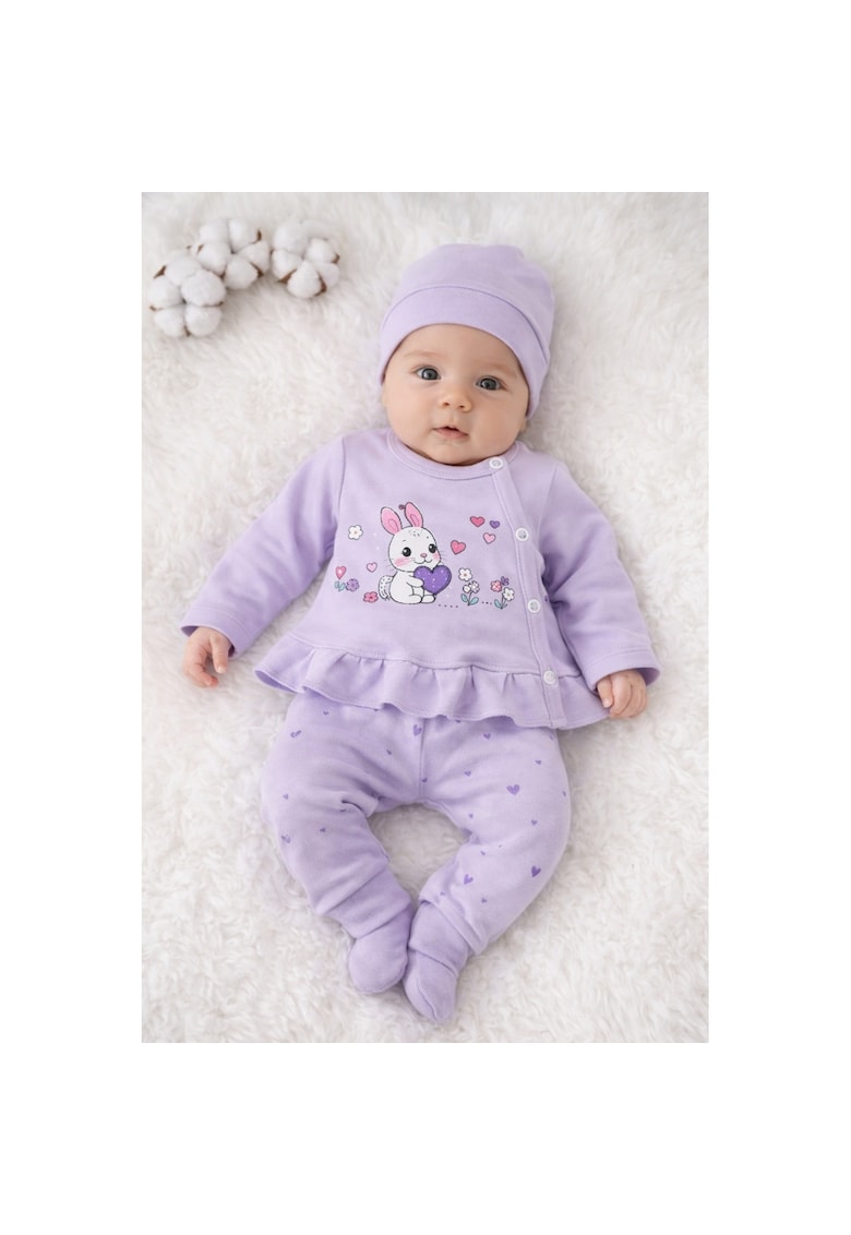 Set bebe fetita - 3 piese - violet - 0-3 luni - bumbac - cu botosei si caciula