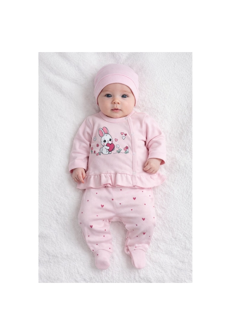 Set bebe fetita roz - 3 piese bluza cu maneca lunga - pantaloni cu botosei - caciulita - 0-3 luni -