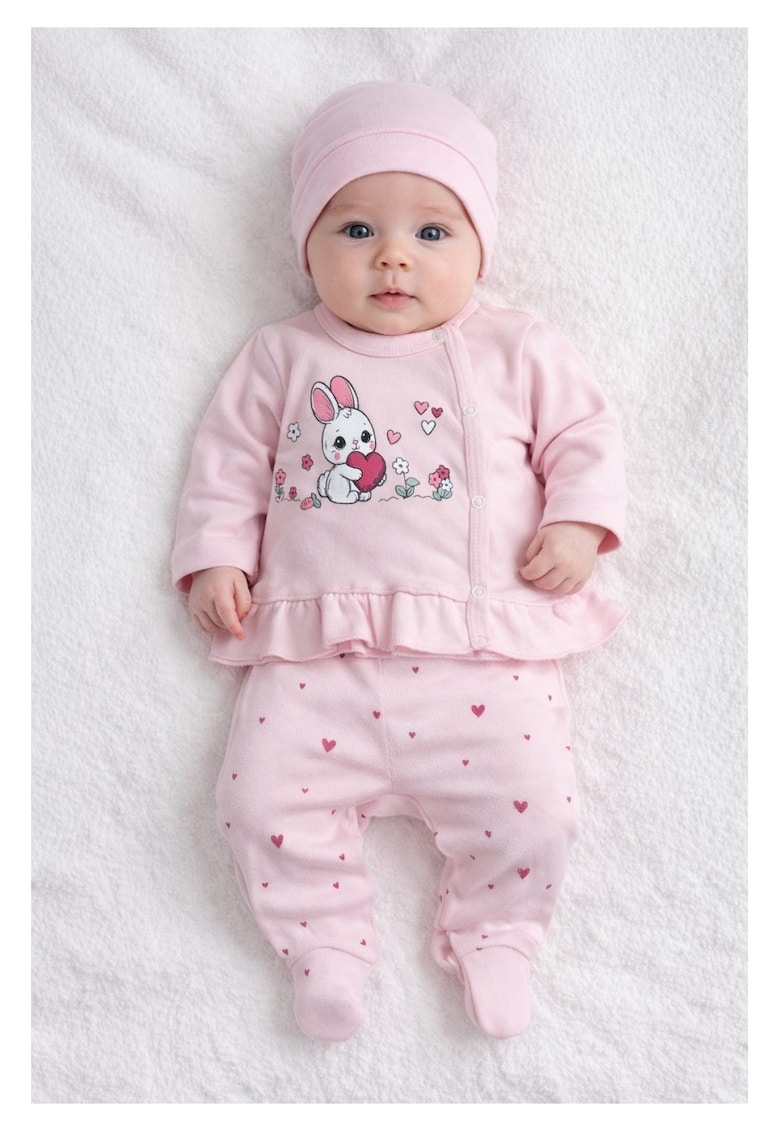 Set bebe fetita roz - 3 piese bluza cu maneca lunga - pantaloni cu botosei - caciulita - 0-3 luni -