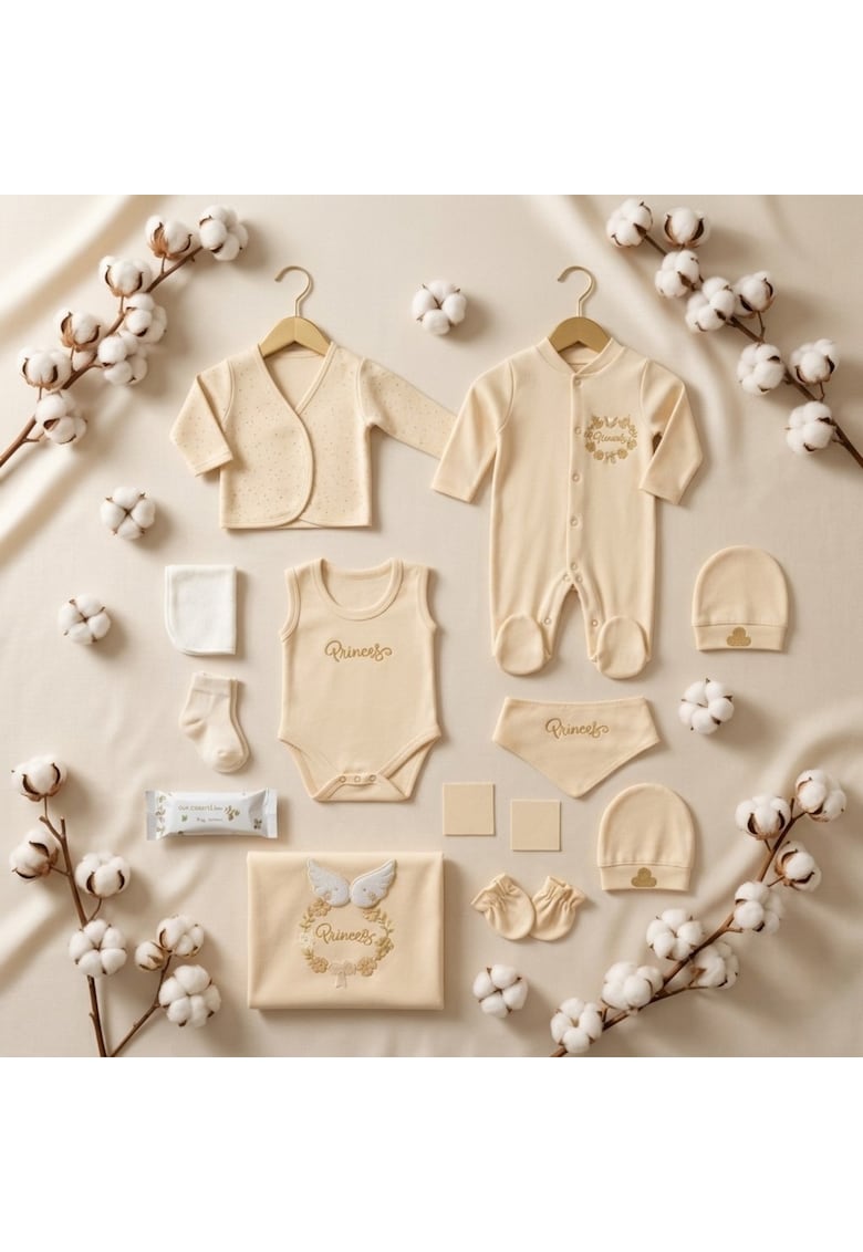 Set bebe fetita 10 piese Princess - crem - bumbac organic - 0-3 luni -