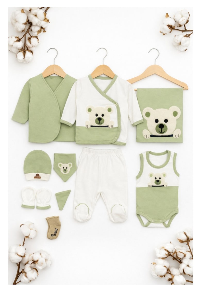 Set bebe 10 piese bumbac organic - design ursulet - verde pastel -
