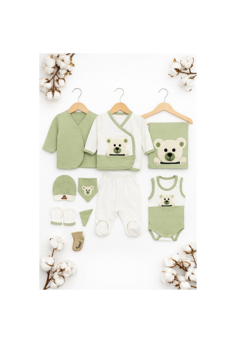 Set bebe 10 piese bumbac organic - design ursulet - verde pastel -