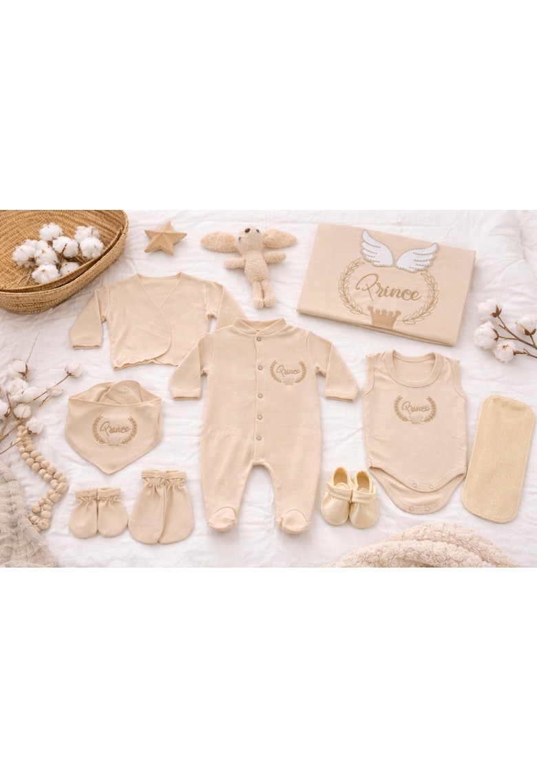 Set bebe baiat 10 piese crem - bumbac organic - 0-3 luni