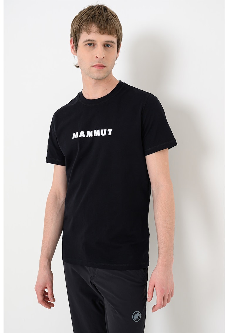 Tricou din bumbac organic cu decolteu la baza gatului si imprimeu logo - Negru