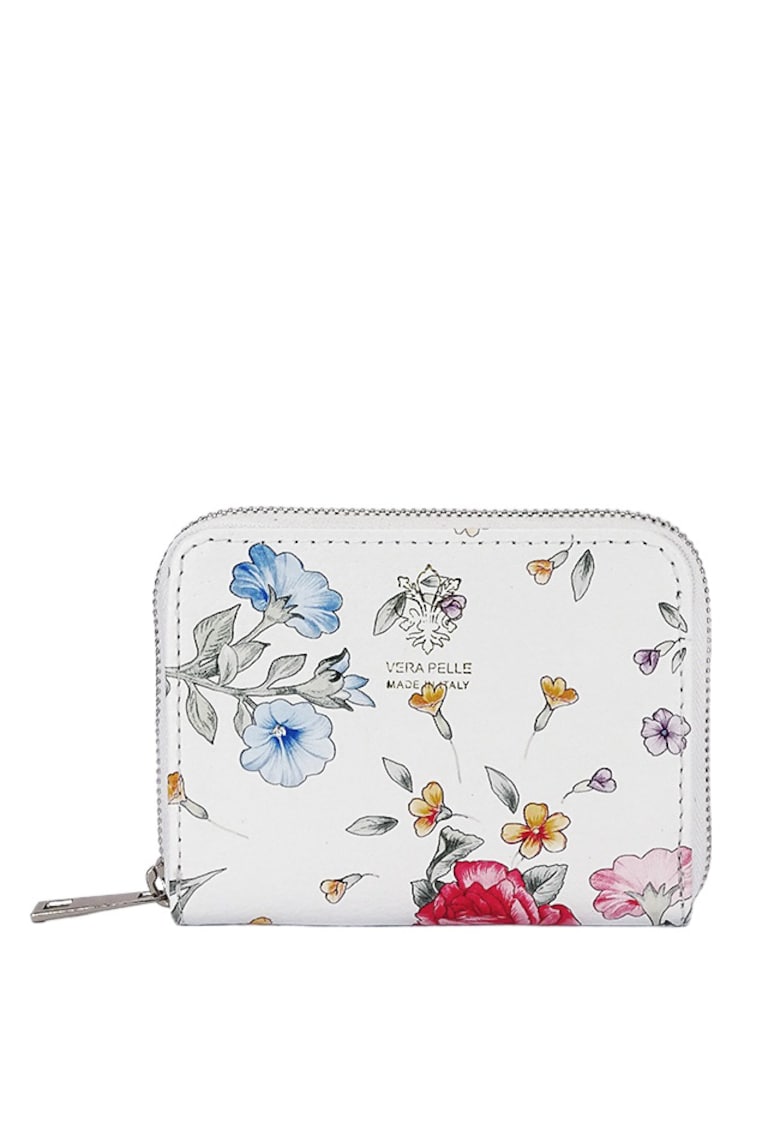 Portofel mic alb cu imprimeu floral din piele naturala 8912 07 19941 - Alb