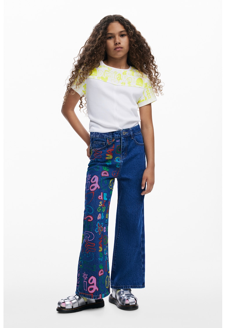 Blugi evazati cu talie inalta si imprimeu logo - Albastru pastel