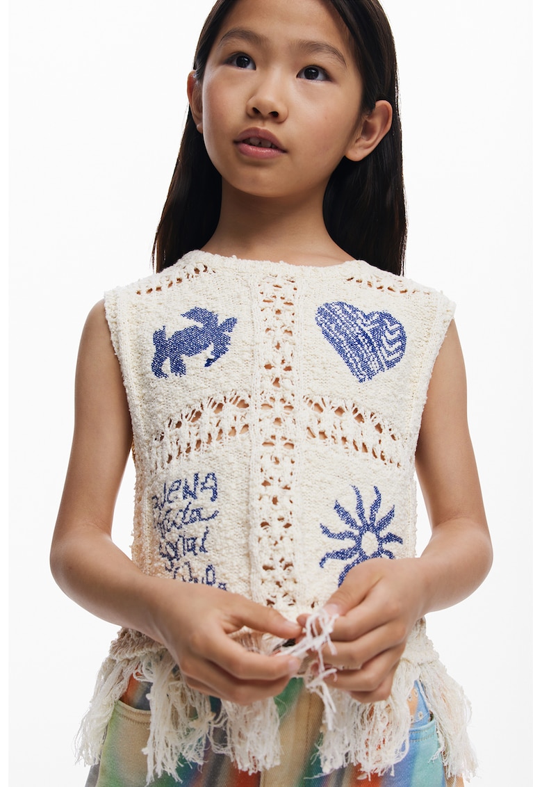Top tricotat cu terminatie cu franjuri - Albastru prafuit/Alb murdar