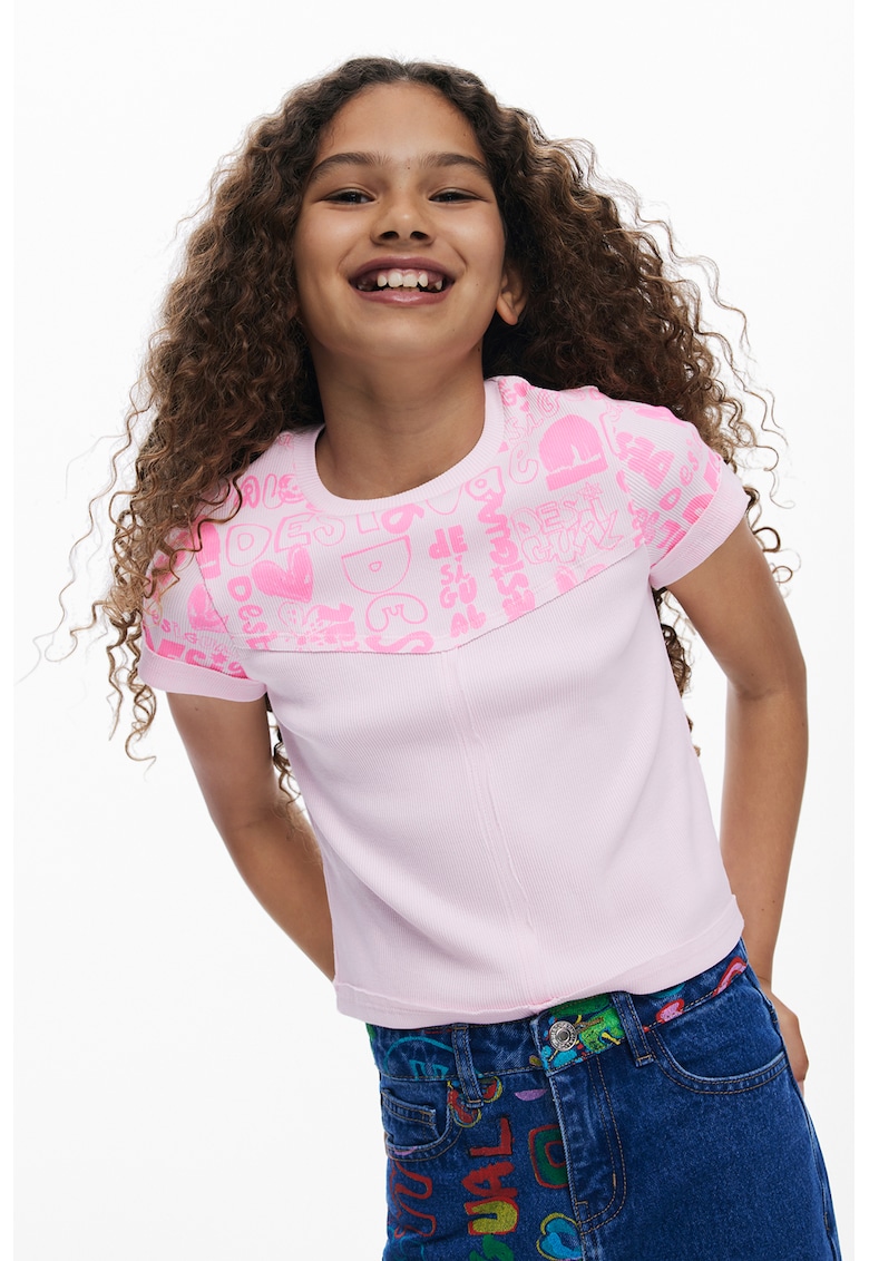 Tricou crop cu imprimeu text - Roz deschis