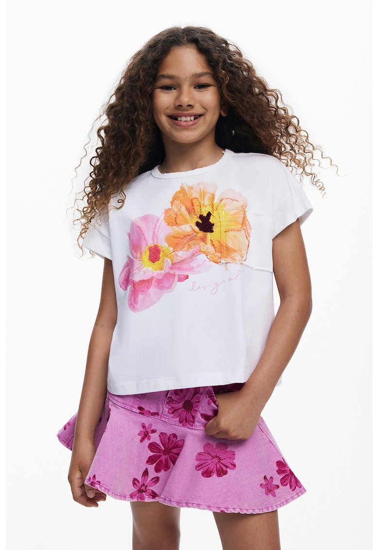 Tricou din bumbac cu imprimeu floral - Alb/Portocaliu/Roz