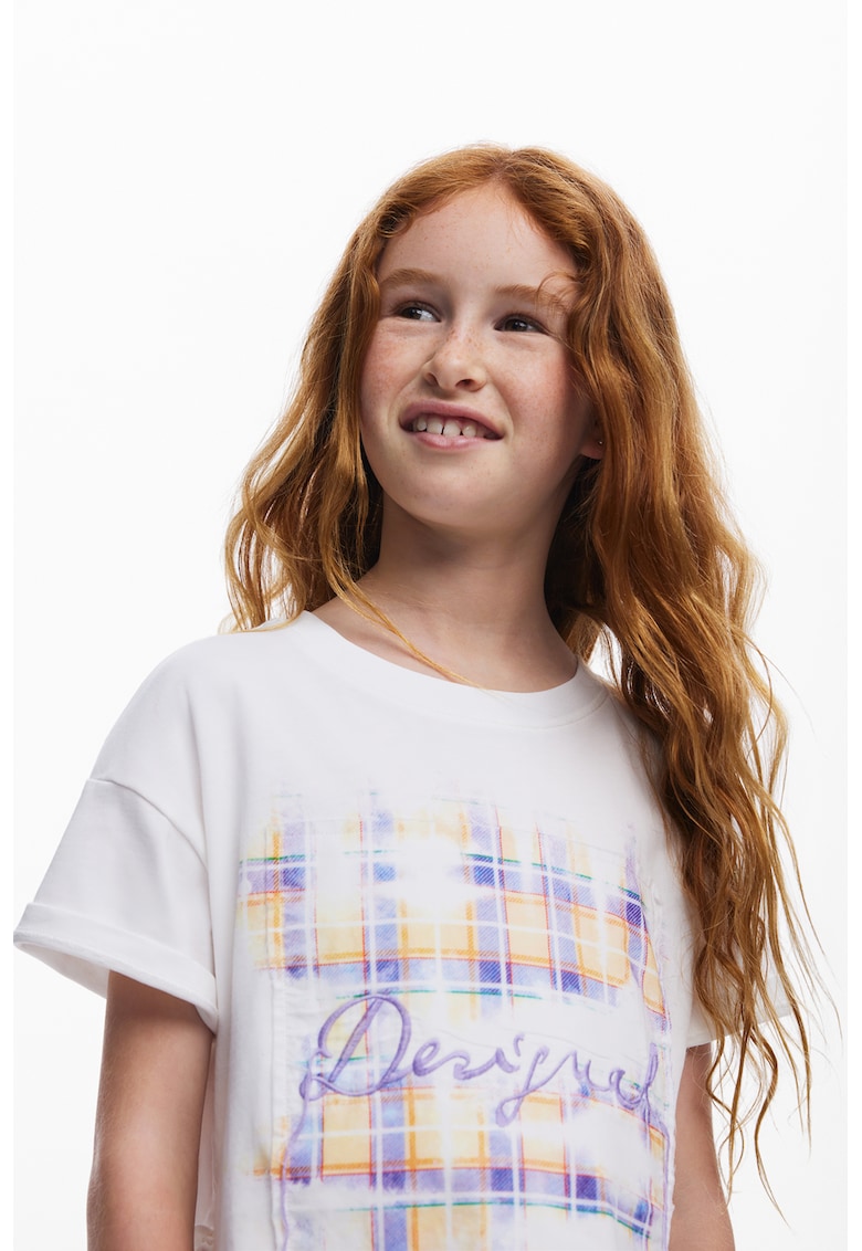 Tricou cu slituri laterale si imprimeu - Alb/Portocaliu/Albastru