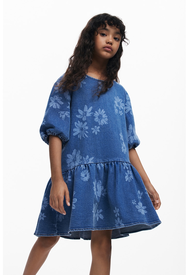 Rochie din denim cu imprimeu floral - Albastru prafuit