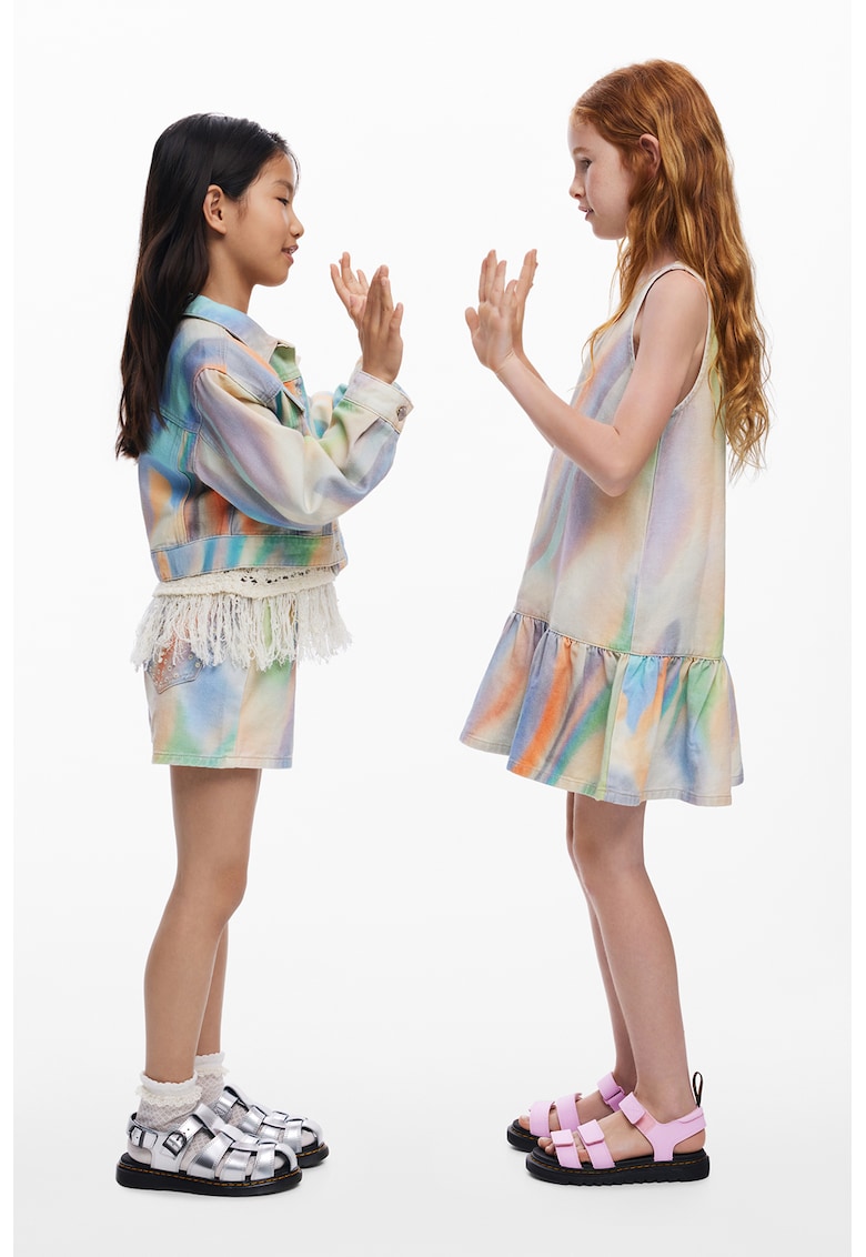 Rochie cu decolteu in V - fara maneci - Alb/Portocaliu/Albastru