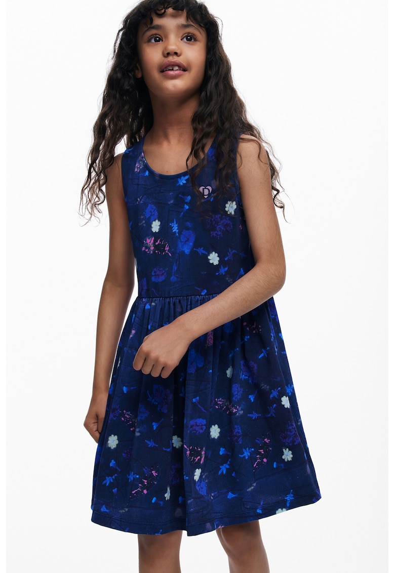 Rochie cu decolteu rotund si imprimeu floral - fara maneci - Bleumarin