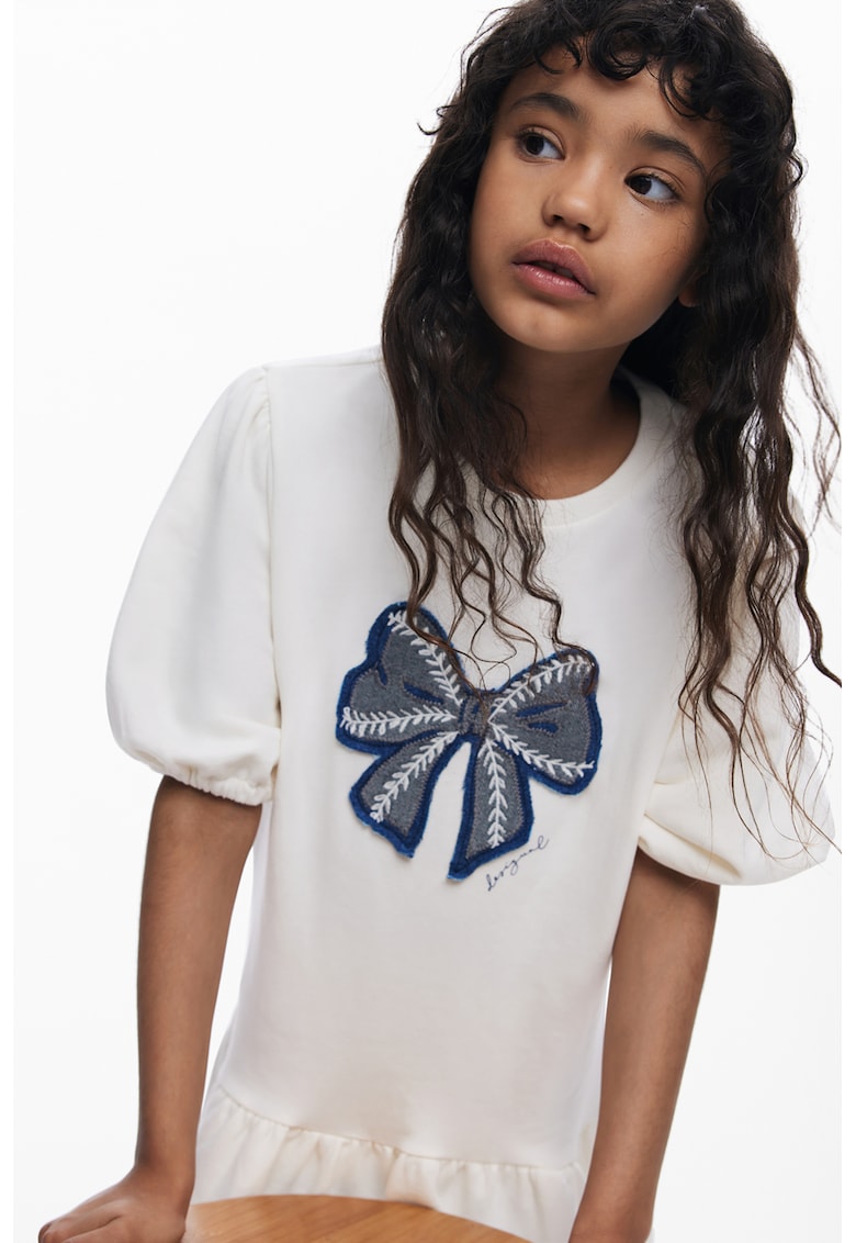 Rochie evazata din bumbac cu maneci bufante - Alb/Albastru prafuit