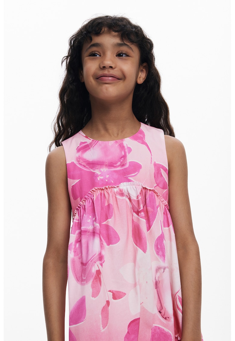 Rochie evazata din bumbac cu model floral - Roz