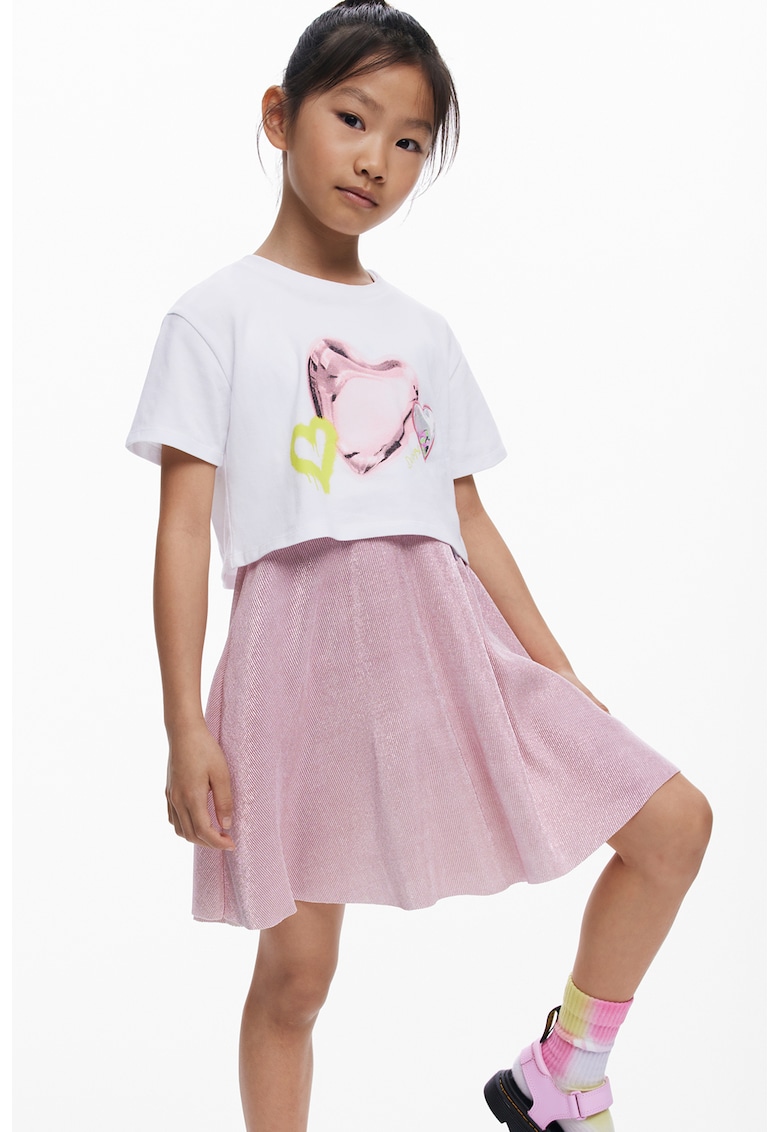 Rochie din bumbac cu model 2-in-1 si tricou detasabil - Alb/Albastru prafuit