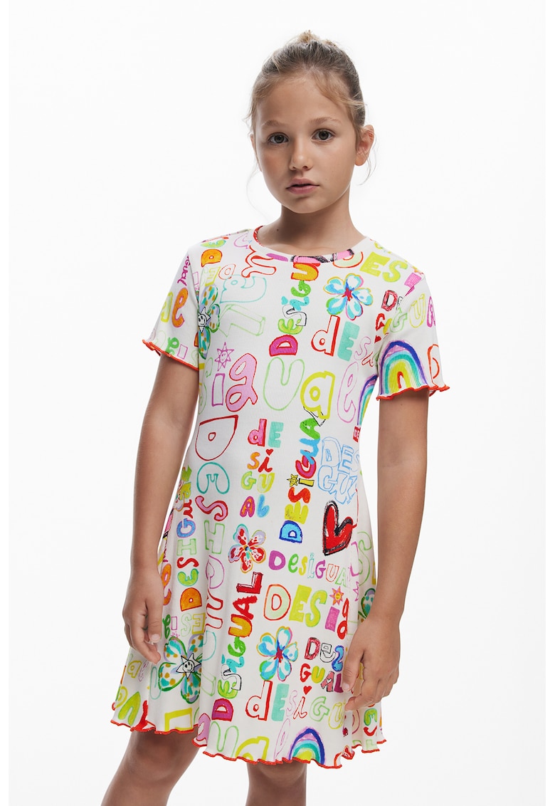 Rochie din amestec de bumbac cu imprimeu grafic si logo - Rosu/Galben/Alb murdar