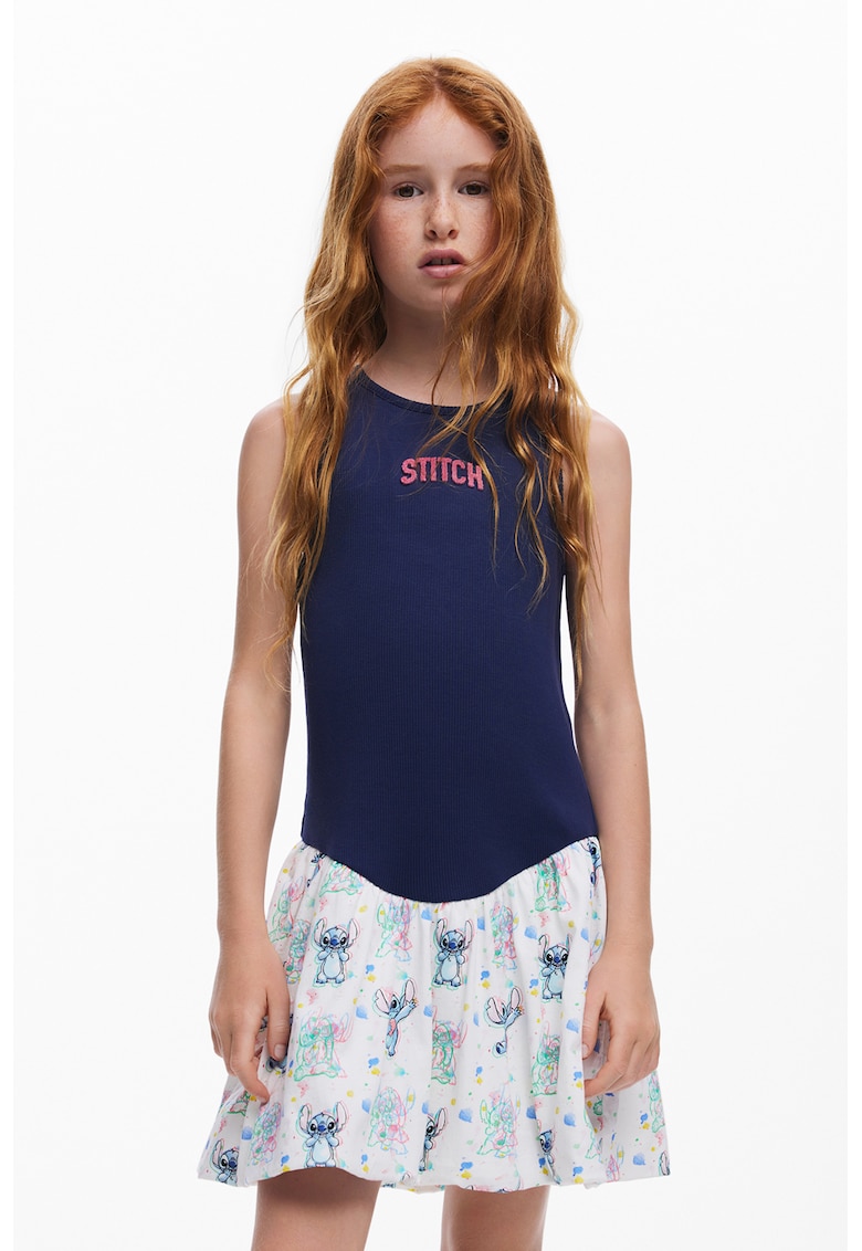 Rochie combi cu imprimeu Stitch - Alb/Bleumarin