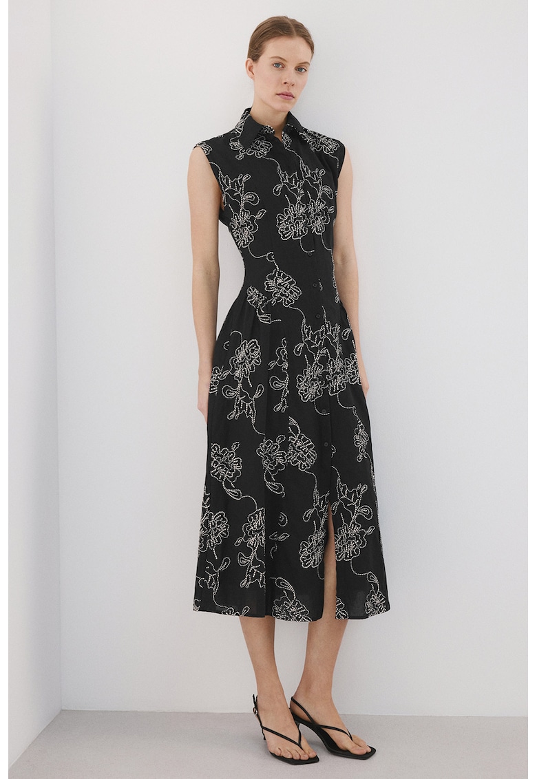 Rochie-camasa cu model floral - fara maneci - Negru/Alb murdar