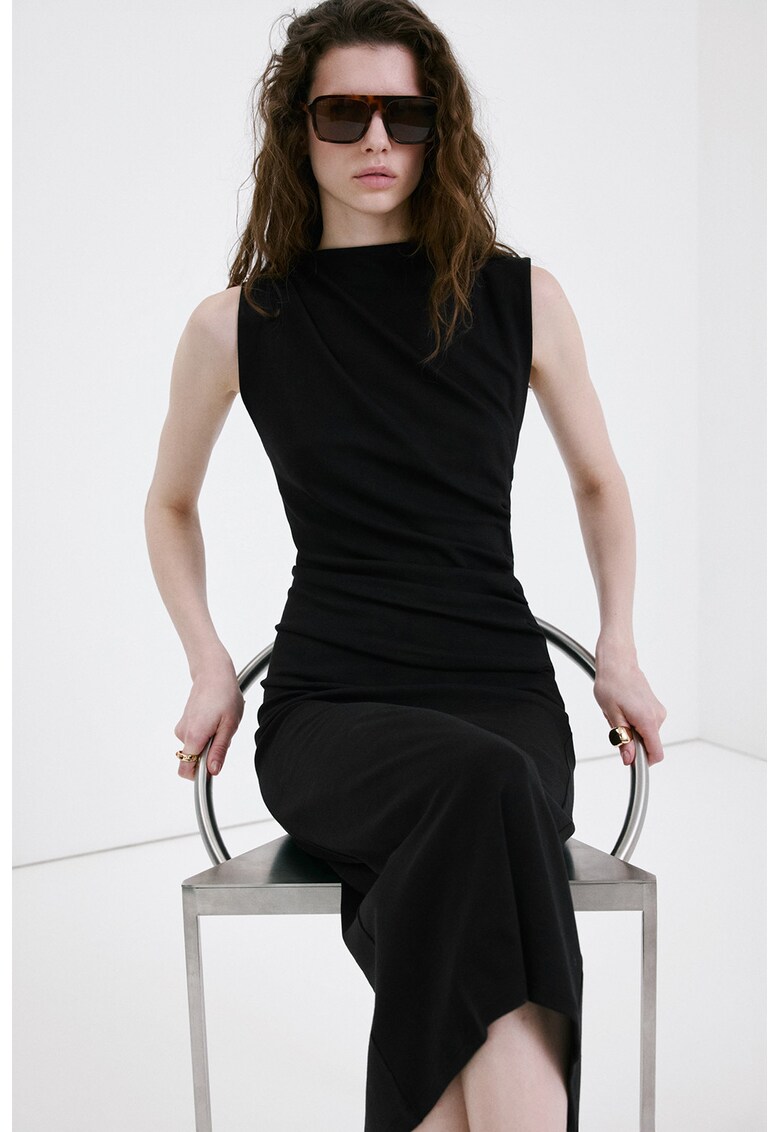 Rochie dreapta din amestec de modal cu drapaje - Negru