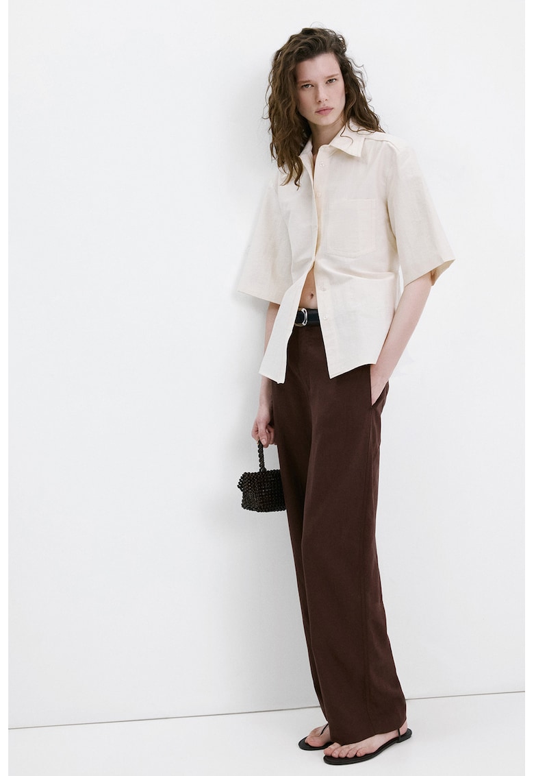 Pantaloni din amestec de in cu croiala ampla - Maro cognac