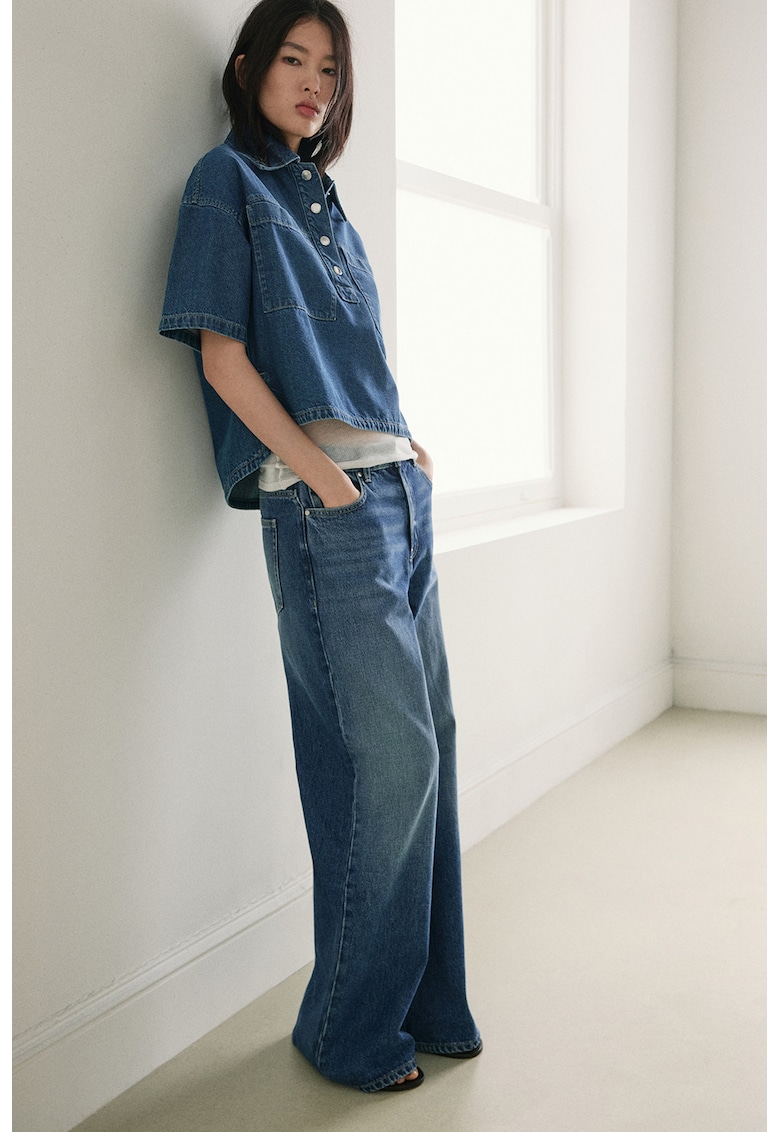 Bluza polo din denim cu maneci scurte - Albastru inchis