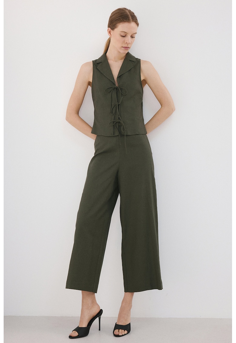 Pantaloni crop drepti din amestec de in - Kaki inchis
