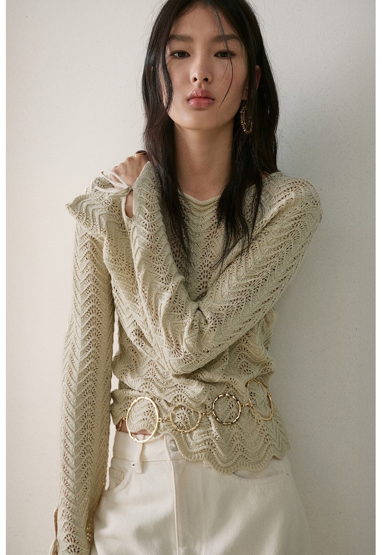 Pulover din tricot cu perforatii - Alb fildes