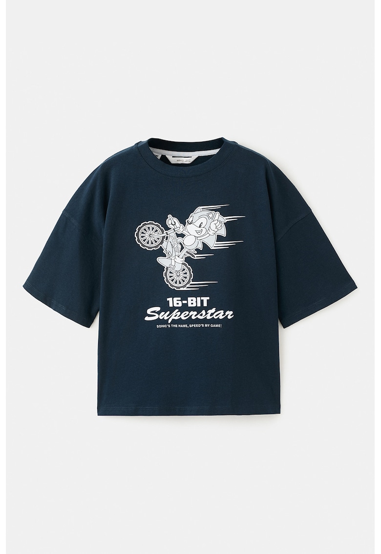 Tricou de bumbac cu imprimeu Sonic - Alb optic/Albastru petrol