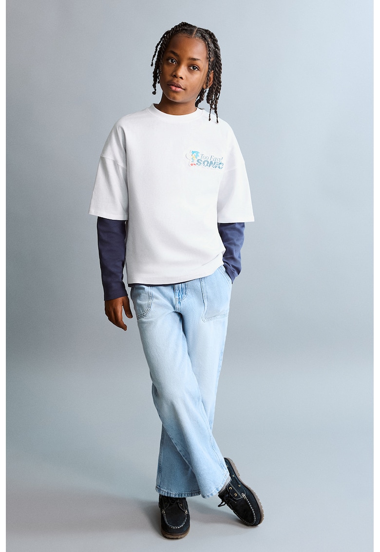 Tricou cu maneci cazute si imprimeu Sonic - Alb/Galben/Albastru royal/Rosu vermillion/Bleumarin