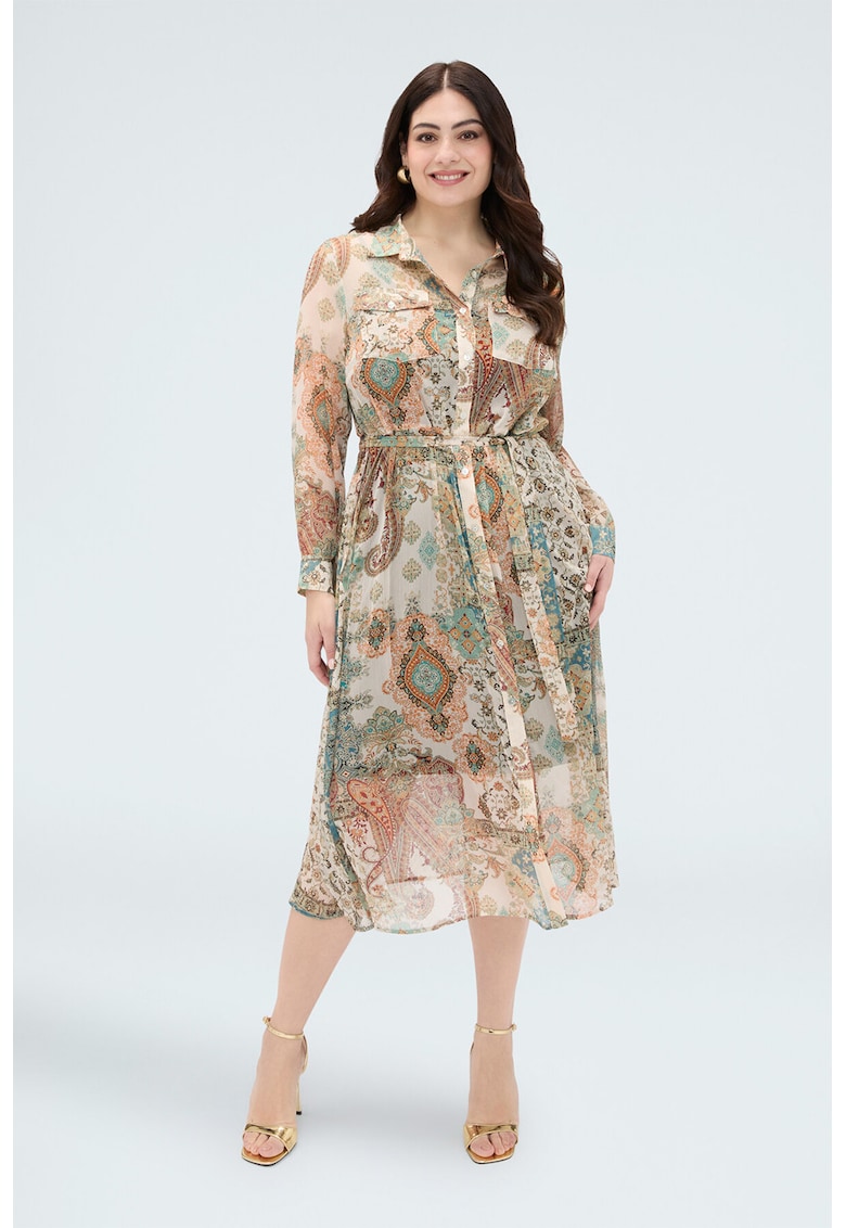 Rochie-camasa vaporoasa cu buzunare pe piept - Multicolor