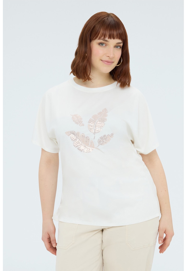 Tricou cu decolteu la baza gatului si imprimeu grafic - Alb/Auriu rose