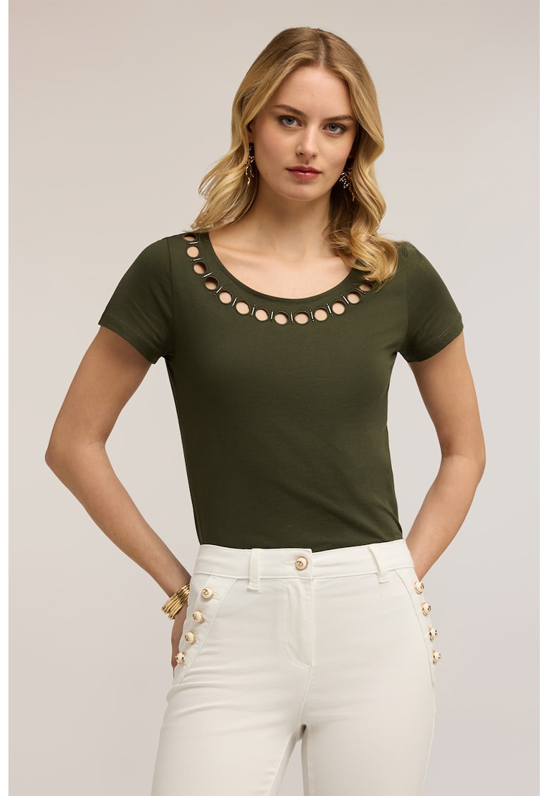 Tricou din bumbac cu decolteu rotund - Kaki inchis
