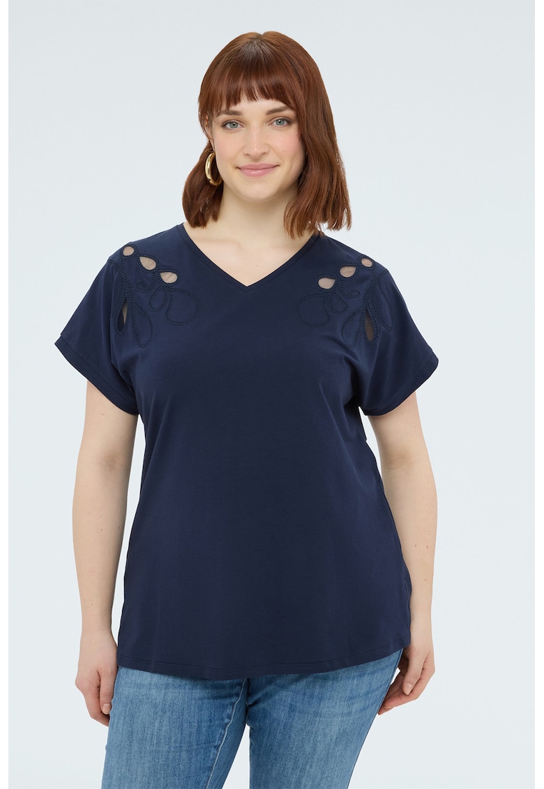 Bluza din amestec de bumbac cu decolteu in V - Bleumarin