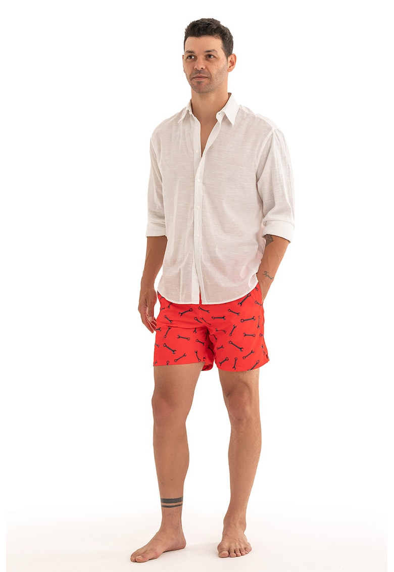 Pantaloni scurti de baie cu model si snur - Negru/Rosu vermillion