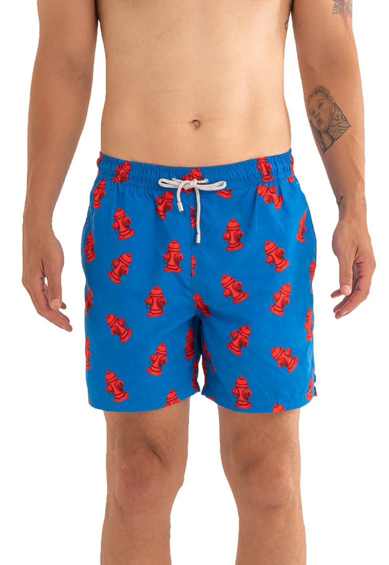 Pantaloni scurti de baie cu model si snur - Albastru royal/Rosu vermillion
