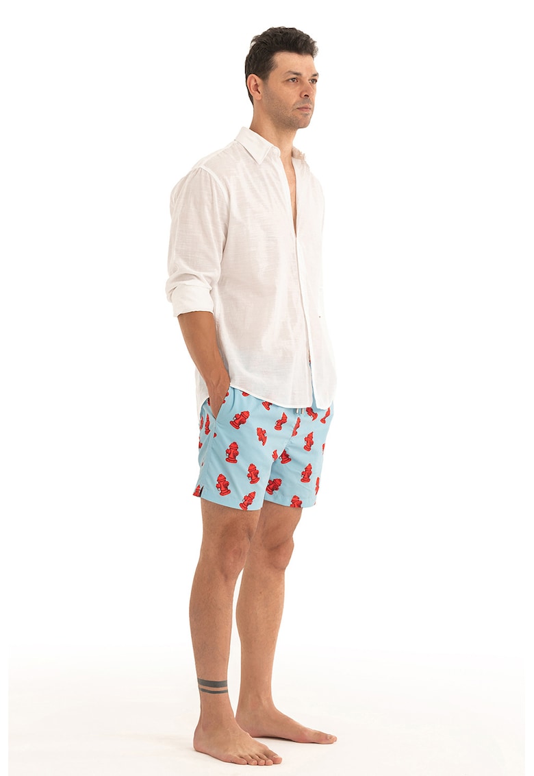 Pantaloni scurti de baie cu model si snur - Albastru azur/Rosu vermillion