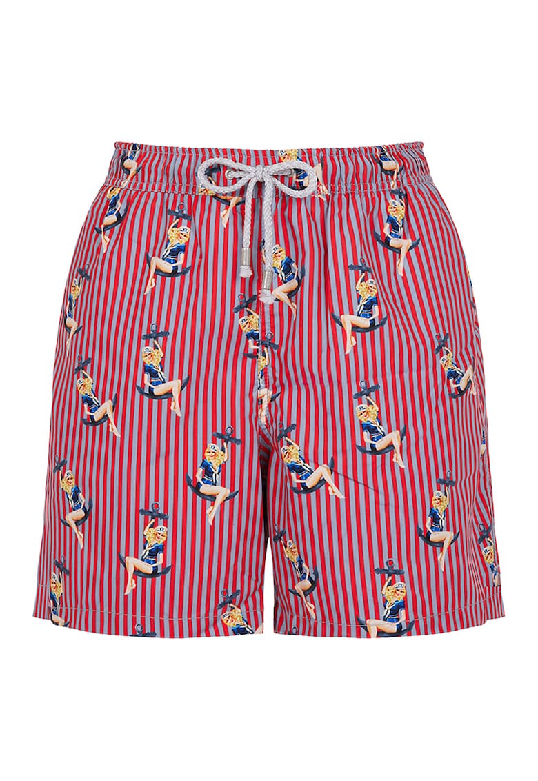 Pantaloni scurti de baie cu model si snur - Gri deschis/Caramiziu/Bleumarin