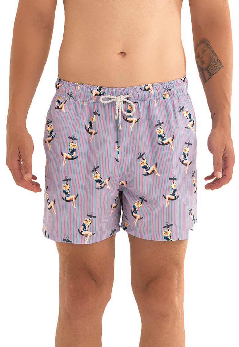 Pantaloni scurti de baie cu model si snur - Roz deschis/Albastru azur/Bleumarin