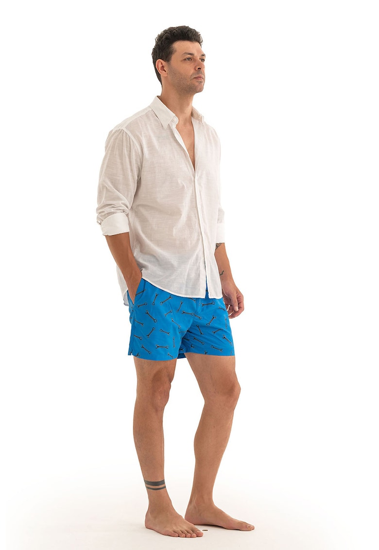 Pantaloni scurti de baie cu model si snur - Negru/Albastru royal