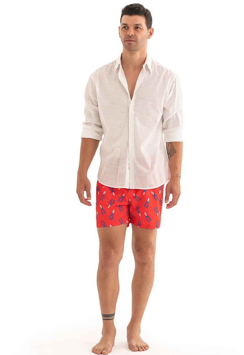 Pantaloni scurti de baie cu model si snur - Gri deschis/Albastru royal/Rosu vermillion
