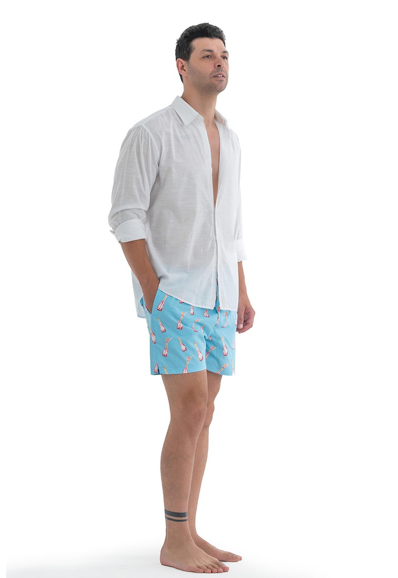 Pantaloni scurti de baie cu model si snur - Albastru lavanda/Roz fandango/Galben pal