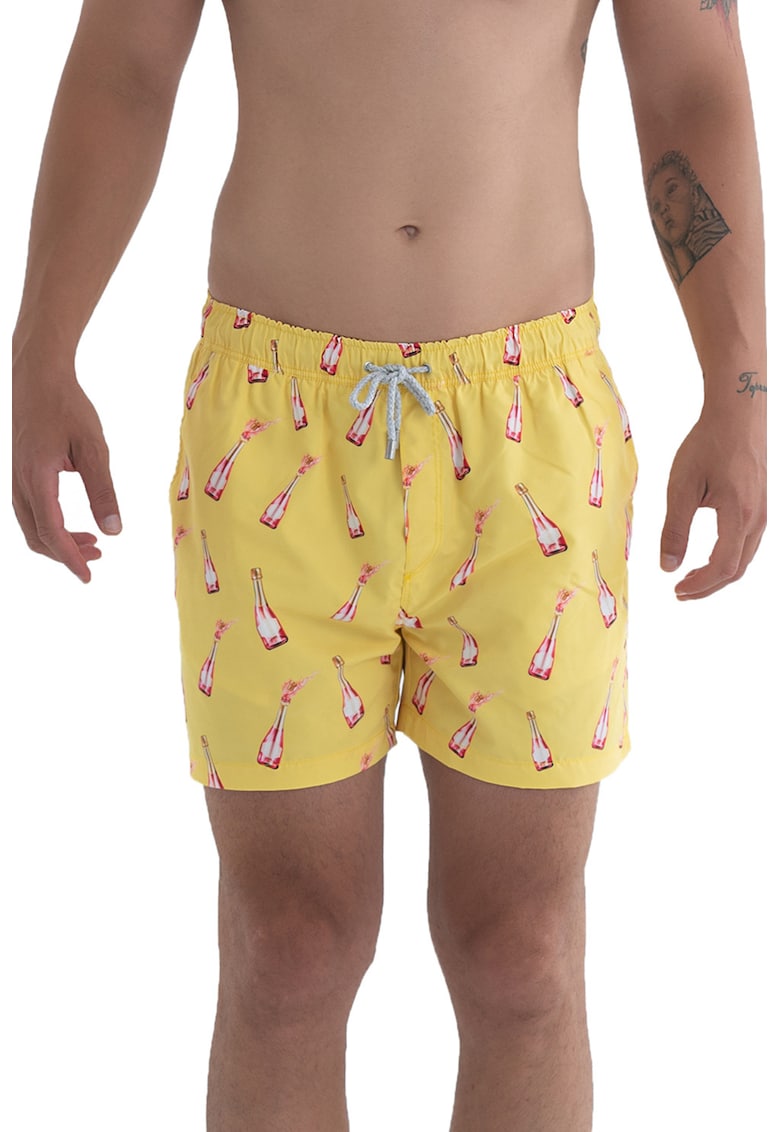 Pantaloni scurti de baie cu model si snur - Alb/Roz zmeuriu/Galben pai